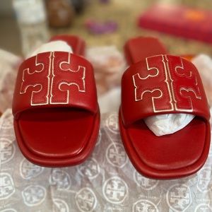 Red/gold Tory Burch Double T sport slide
